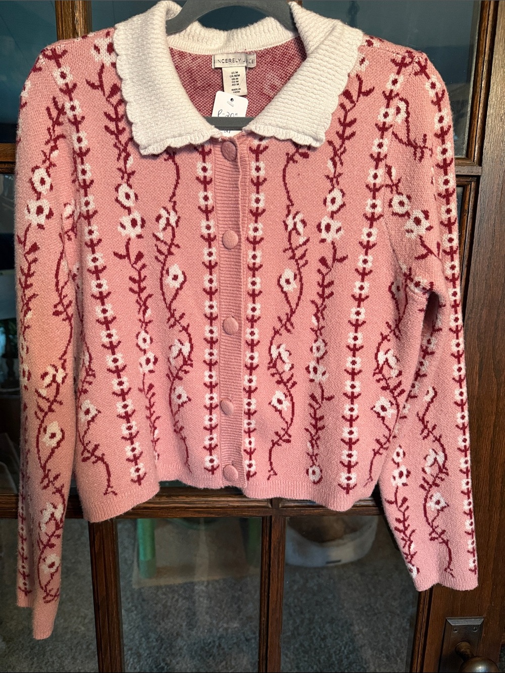 Sincerely Jules Pink Floral Scalloped Collar Button Cardigan Sweater M ST23746